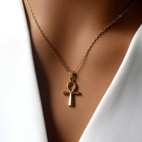 Gold Plated Stainless Steel Egyptian Ankh Cross Pendant O Link Chain Necklace Tarnish Resistant Hypoallergenic Religious Jewelry