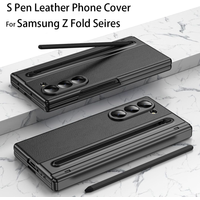 For Galaxy Fold7 S Pen Leather Phone Case Hinge Protection & Built-in Screen Protector Leather Phone Cover for Fold5 Fold6 Black