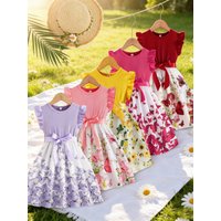 Girls' Five-Color Flowing Skirt Set - Sweet Princess Dress - Elegant Casual Floral Birthday Formal Dress, Ideal Gift Choice