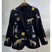 High Quality New Blazer Coats 2023 Autumn Winter Blazers Women Notched Collar Cute Animal Embroidery Long Sleeve Casuaal Blazers
