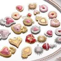 2pcs Pearlescent Pink/Hot Pink Enamel Sacred Heart Charms For Jewelry Making Supplies Flame Love Pendant Handmade Necklace Gift