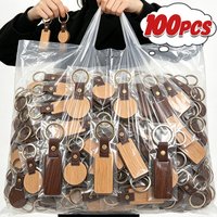 5/10/20/30/50/100pcs DIY Wood Blank Keyring Simple Round/Rectangle Keychain Wooden Pu Leather Chain Jewelry for Friend Key Ring