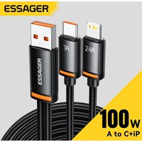Essager 7A 100W 2 in 1 USB Cable USB Type C Fast Charger USB Type C Data Cable For IP 16 15 14 13 12 Samsung Xiaomi Huawei
