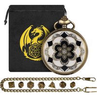 Vintage Bronze Flower Pocket Watch Case Dice Set Unique Fob Chain 7pcs/Set Mini Dices Collection Pendant Case Gift Unisex