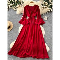 Elegant Vintage Red Long Dress Women's Korean Style V-neck Tie Waist Lantern Sleeve Dress Slimming A-line Summer Commute Dress
