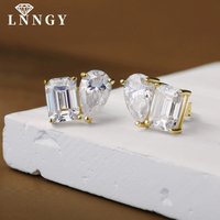 Lnngy Transparent Emerald & Pear Cut Cublic Zircon Earrings for Women Exquisite Two Stone Design Stud Earring Delicate Jewelry