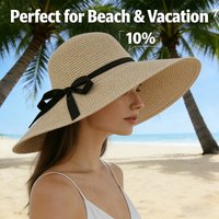 1Pcs Fashionable Summer Wide Brim Straw Hat Foldable Bow Design Beach Sun Hat for Women Korean Style Handmade Vacation Accessory