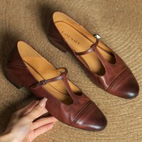 Women's cow leather carving British style t-strap slip-on flats gradient color retro elegant ladies slim daily dress shoes woman