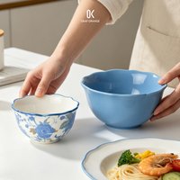Vintage French Floral Ceramic Bowl Scalloped Rim Blue White Salad Soup Rice Bowl Microwave Dishwasher Safe Tableware