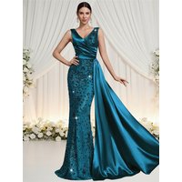 Elegant V-neck Splice Ribbons Sequins Evening Dresses Woman Sleeveless Mermaid Formal Luxury Wedding Party Prom