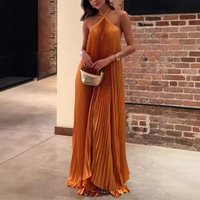 Fashion Pleated Solid Color Long Dress Sexy Halter Hollow Out Loose Evening Dress Women Elegant Sleeveless Backless Party Dress