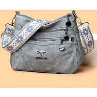 Women Vintage Grey Canvas Shoulder Bag Multi Pocket Crossbody Messenger Bag with Patterned Strap Casual Hobo Handbag for Daily