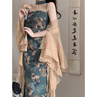 New Fashion Chinese Style Spaghetti Strap Floral Maxi Prom Dress with Cardigan Sexy Vacation Outfits for Women 2024 Elegant