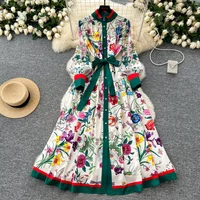 Elegant Long Sleeves Vintage Stand Collar Chic Single Breasted Print Bandage Slim Long Dress High Street Autumn Winter Clothing