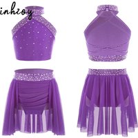 Kids Girls Sparkly Rhinestones Dance Top and Skirt Sets Modern Contemporary Lyrical Ballet Dance Costume Figure Skating Outfits