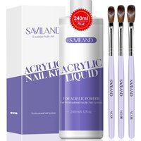 Saviland 240ml Monomer Acrylic Nail Liquid with 3pcs Acrylic Brushes Size 8/10/14 for Acrylic Powder Nails Extension Salon DIY