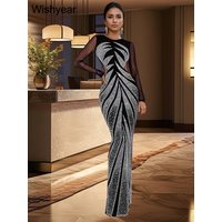 Wishyear Sexy Evening Party Dresses Women Black Mesh See Through Long Sleeve Diamonds O-neck Mermaid Vestidos Birthday Clubwear