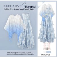Summer Floral Print Two-Piece Set Women's Dopaamine Sunscreen Shawl Top And Elegant Dress Casual Style Long Sleeve V-Neck