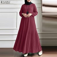 Muslim Women Modest Plisse Maxi Dress O-Neck Long Sleeve Patchwork Loose Abaya Robes ZANZEA Islamic Hijabis Ramadan Eid Kaftan