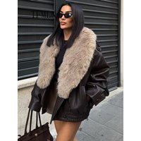 TFMLN 2025 hiver femmes veste en simili cuir ample mode retiré grand col de fourrure manteau décontracté haute rue Double boutonnage vêtements d'extérieur