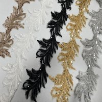 5 yards lace width 12cm Sequin Beaded Leaf Embroidery Lace Applique Wedding Dress Accessories