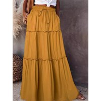 Women's Spring Autumn New Long Skirt Solid Color Fashionable Mushroom Layered Skirt High Waist Elastic Ruffle Skirt