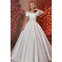 Customized White Flower Girl Dress For Wedding Appliques Glitter Short Sleeve Floor Length Kids Birthday First Communion Gown