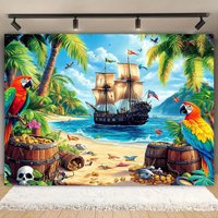 1 piece, 2D pirate party background banner, pirate ship docking style party decoration, birthday wedding party supplies