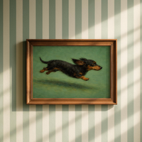 Classic Oil Painting Style Dachshund Wall Print Decor - Timeless Illustration of a Energetic Black-and-Tan Dachshund Mid-Leap, W