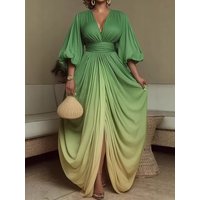 2026 Elegant V Neck Maxi Dress Spring Summer Three Quarter Puff Sleeve Loose Fit Simple Patchwork Holiday Party Dress Streetwear