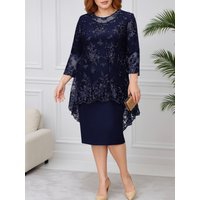 FSMG Plus Size Women Evening Gown Dress, Fashion Solid Color Round Neck High Waist Lace Embroidery Two-Piece Slim Fit Dress Set