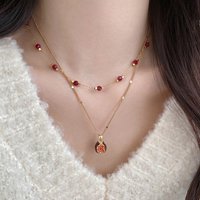 Minar Charming Natural Stone Crystal Red Pomegranate Pendant Necklaces for Women 18K Gold Stainless Steel Double Layers Choker