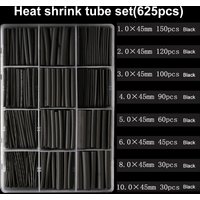 625PCS Black Heat Shrink Tubing, 2:1 Shrink Ratio Polyolefin Heat Shrink Tubing Assortment