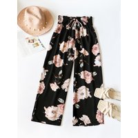 【Plus Size Floral Print Bow Front Wide Leg Pants, Boho Shirred High Waist Trousers for Holiday Wear