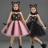 Halloween Cute Cat Animal Cosplay Puffy Skirt Children's Cosplay Performance Costume Girl Black Cat Pink Cat Dress Set Outfits