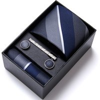 Marke Großhandel Krawatte Einstecktücher Manschettenknopf Set Krawatte Blau Gestreift Mann Hochzeit Zubehör Fit Arbeitsplatz Urlaub Geschenk Box