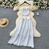 Women Summer striped backless sleeveless Fashion Set Bow Strap Top hotsweet Casual Two Piece Set