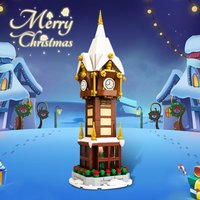 MOC Christmas Street Clock Building Blocks City Miniature View Winter Village Advent Calendar Bell Tower Architecture Toy Gift