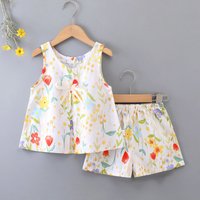 Children's Bourette Suit Summer Thin Western Style Girls' Baby Sleeveless Shorts Vest Cotton Silk Casual Homewear