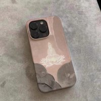 Pink Gray Gradient Buddha-on-Lotus Pattern Phone Case for iPhone 17 16 15 14 13 12 11 Air Pro Max X XS XR Plus Glossy Film Hard