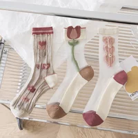 Summer Ultra-thin Transparent Crystal Silk Socks Embroidery Flower Retro Women Socks Fashion Harajuku Kawaii Elastic Long Socks