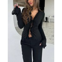 New Y2K Sexy Hottie Slim Fit Lace Stitching Shirt Flared Sleeve Top Kpop Black Elegant Women Clothes Versatile Fashion Party Top