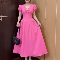 ZANZEA Summer Elegant V Neck Puff Sleeve Work Dress Women Dresses 2026 Stylish Solid Color A Line Party Sundress Waisted Robe