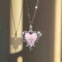 Y2K Subculture Pink Rose Flower Thorn Relief Cross Heart-shaped Pendant Necklace for Women Trendy Hip-hop Jewelry Accessories