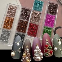 6grids 3D Christmas Gold/Silver/Red/Green Nail Caviar Beads Resin Round Pearl Nail Rhinestones Mixed Size Pearls Nail Supplies %
