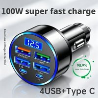 100W PD Car Charger QC3.1 Fast Charging 4USB 2PD Ports Car Cigarette Lighter Plug Digital Display For All Phone Portable Charger