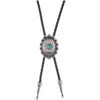 652F Turquoises Inlaid Flower Charm Western Leather Bolo Tie Necklace For Men Women