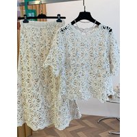Shiny Sequin Knitted Loose Hollow out Summer Set for Women Breathable Lightweight T-Shirt And Skirt Two-Piece Ensemble