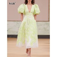 VGH Colorblock A Lin Midi Dresses For Women V Neck Short Puff Sleeve High Waist Elegant Mesh Dress Female Summer 2025 Clothing
