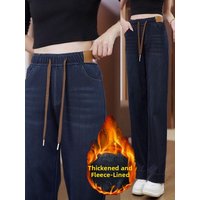 High Waist Fleece Lined Casual Straight Leg Jeans Slimming Effect Synthetic Denim Elastic Wide Leg Pants for Women